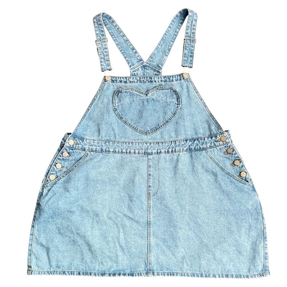 Shiny by Nature Light Wash Denim Heart Pocket Overall Dress XL Pinafore Mini
